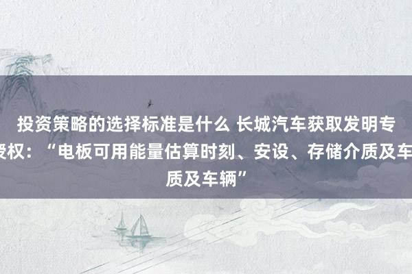 投资策略的选择标准是什么 长城汽车获取发明专利授权：“电板可用能量估算时刻、安设、存储介质及车辆”