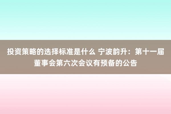 投资策略的选择标准是什么 宁波韵升：第十一届董事会第六次会议有预备的公告